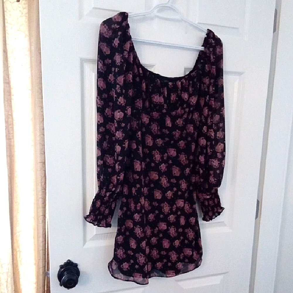 Cotton Candy Women's Black With Pink Floral Scoop Neck Babydoll Dress Small